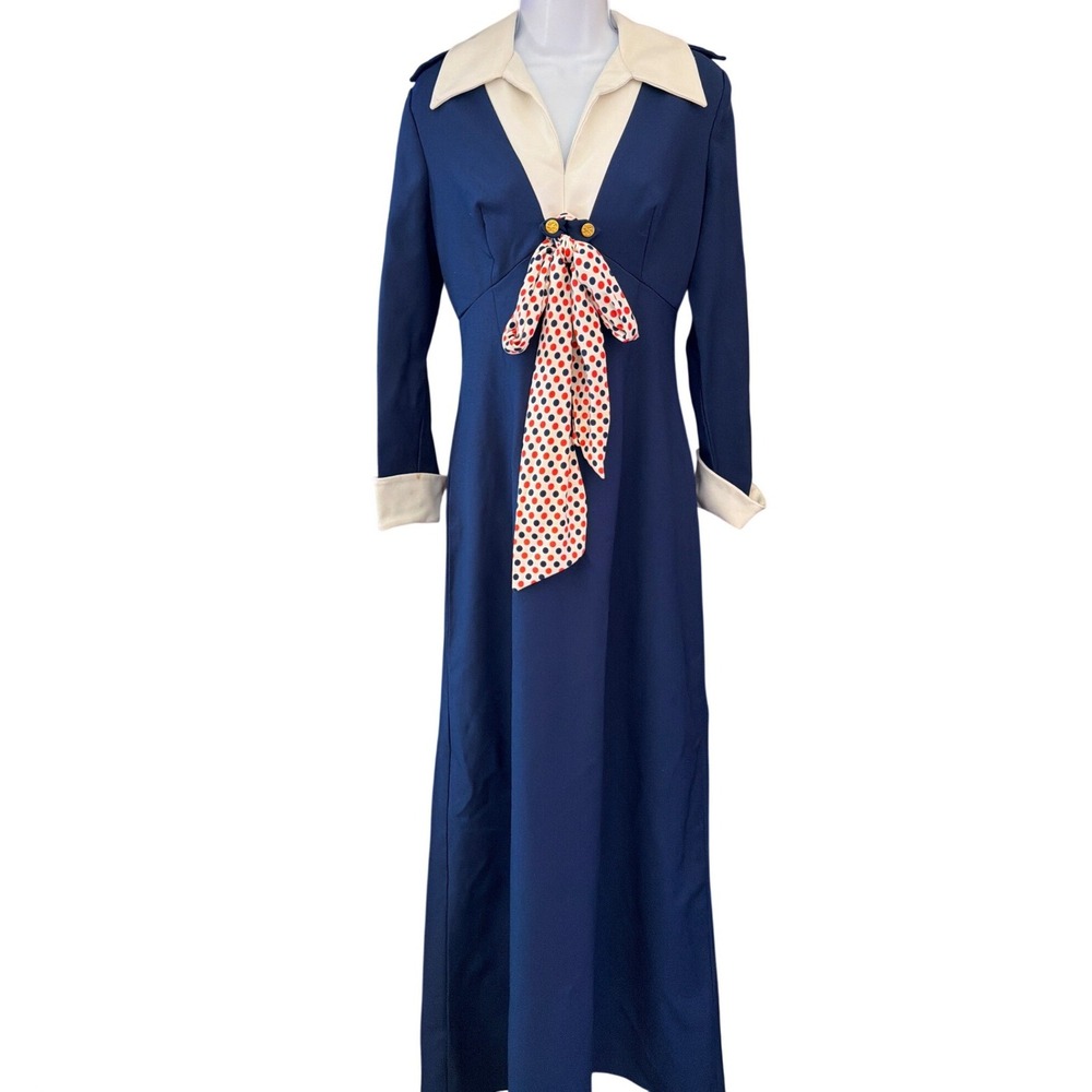 70s Alfred Werber Maxi Dress Nautical Retro Preppy Mod Coastal Chic Stewardess